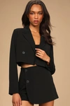 Lulus Suit 'em Up Black Double-breasted Cropped Blazer In Black