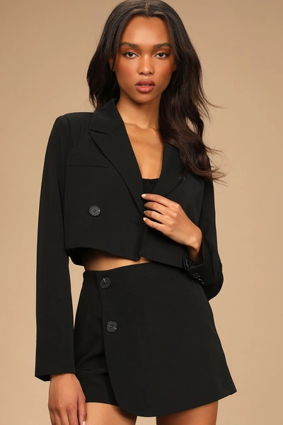 Lulus Suit 'em Up Black Double-breasted Cropped Blazer