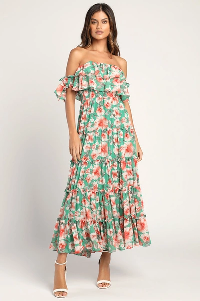 Lulus Chance For Us Green Floral Off-the-shoulder Ruffled Maxi Dress