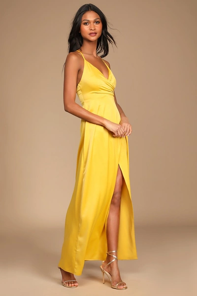 Lulus Outstanding Elegance Mustard Yellow Satin Surplice Maxi Dress