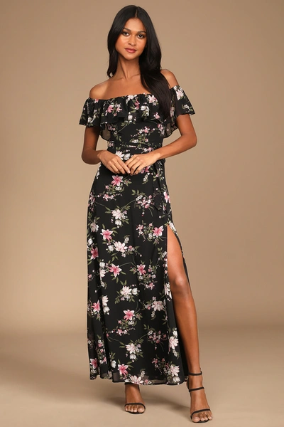 Lulus Amazing Moment Black Floral Print Off-the-shoulder Dress