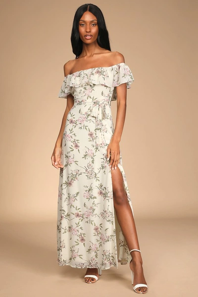 Lulus Amazing Moment Cream Floral Print Off-the-shoulder Dress In Beige