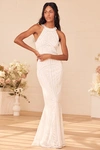 Lulus Tell Me Everything White Beaded Sequin Halter Maxi Dress In White