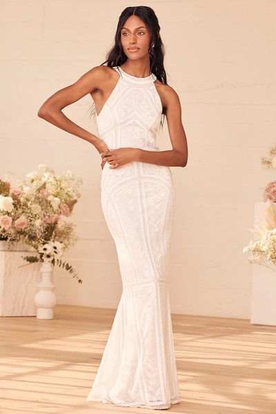 Lulus Tell Me Everything White Beaded Sequin Halter Maxi Dress In White
