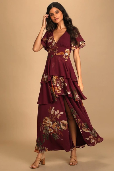 Lulus Midnight Mood Burgundy Floral Print Tiered Maxi Dress