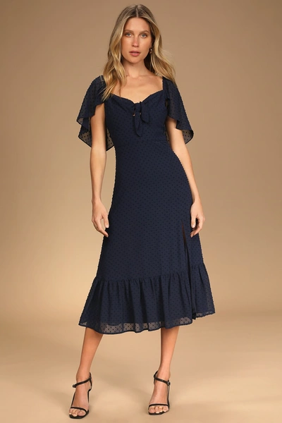 Lulus Only Lovers Navy Blue Swiss Dot Short Cape Sleeve Midi Dress