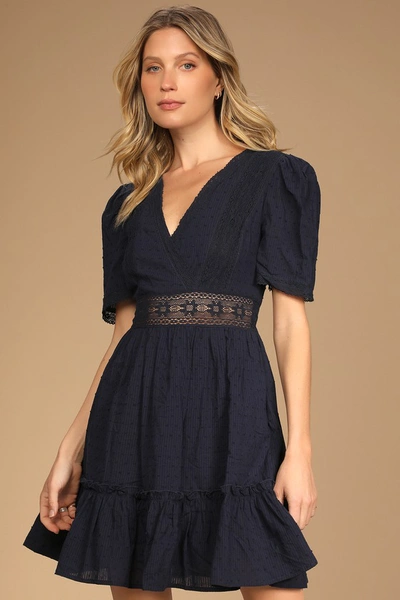 Lulus Poised And Perfect Navy Blue Lace Short Sleeve Mini Dress