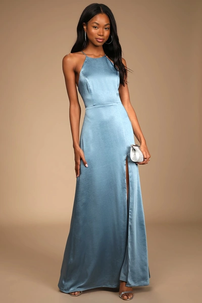 Lulus Make It Elegant Slate Blue Satin Strappy Maxi Dress
