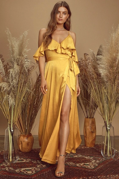 Lulus Moriah Mustard Yellow Satin Wrap Maxi Dress