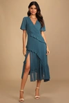 Lulus Next To You Slate Blue Swiss Dot Ruffled Midi Dress In Slate Blue