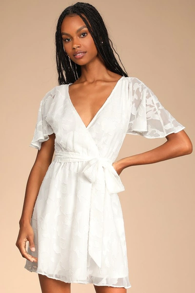 Lulus Flutter Forever White Burnout Jacquard Flutter Sleeve Mini Dress