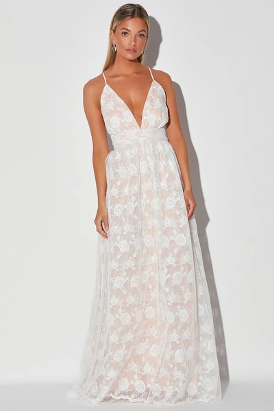 Lulus Ivywood White And Beige Embroidered Lace Backless Maxi Dress