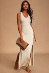 Lulus Relaxed But Not Least Beige Ribbed Sleeveless Maxi Dress In Beige
