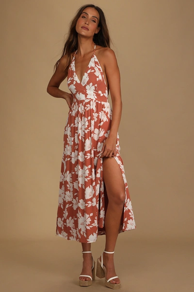 Lulus Follow The Summer Orange Floral Print Halter Midi Dress