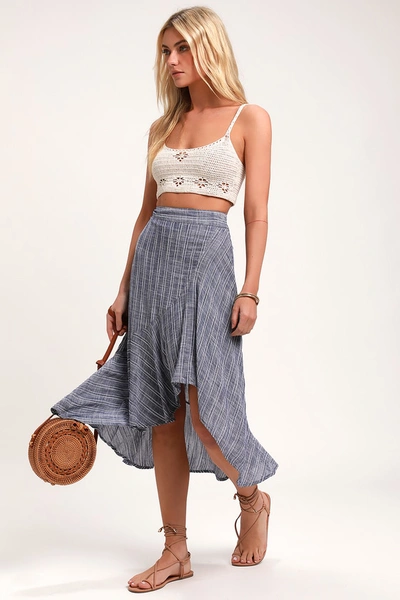 Lulus By The Bay Washed Blue And White Striped Ruffled Midi Skirt