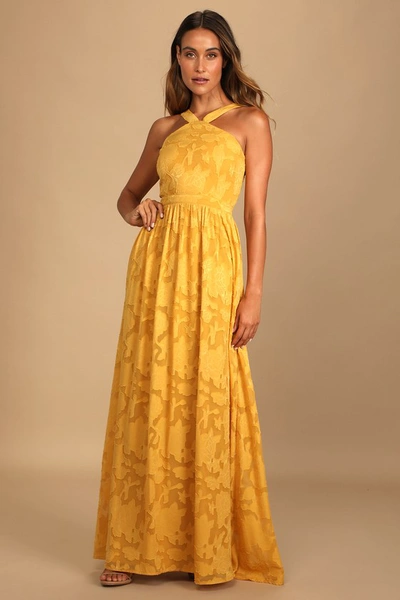 Lulus Love And Beyond Marigold Burnout Floral Maxi Dress In Yellow