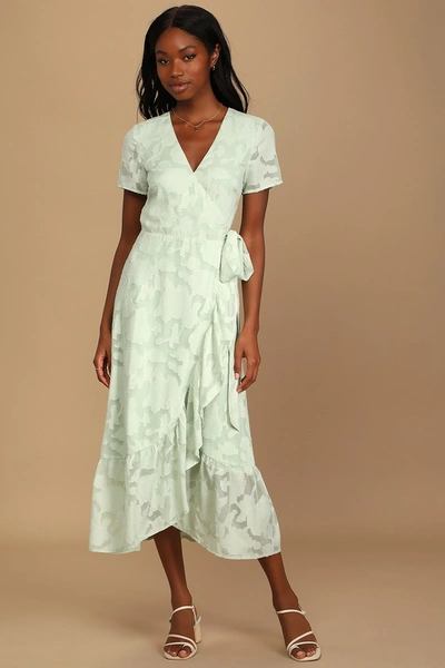 Lulus Blissfully Sage Green Jacquard Short Sleeve Wrap Midi Dress