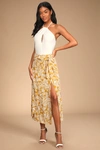 LULUS OCEAN BREEZES MUSTARD YELLOW TROPICAL PRINT FAUX-WRAP MIDI SKIRT