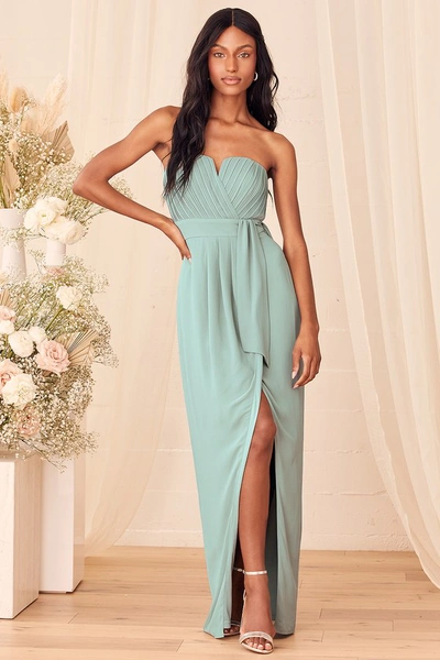 Lulus Easy Elegance Sage Brush Pleated Strapless Maxi Dress In Green