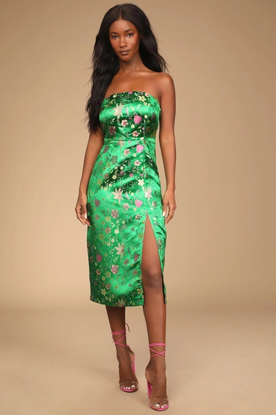 Lulus Make A Move Green Satin Floral Jacquard Strapless Midi Dress