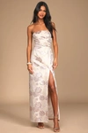 LULUS REDEFINE REGAL PALE PINK FLORAL JACQUARD STRAPLESS MAXI DRESS