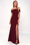 Lulus Aveline Burgundy Off-the-shoulder Maxi Dress In Burgundy