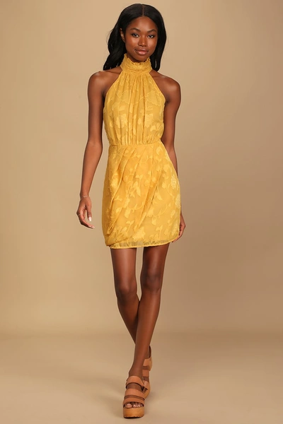 Lulus Chic Demeanor Yellow Floral Jacquard Halter Mini Dress