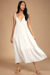 LULUS LET THE SUN BEAM WHITE TIE-STRAP TIERED MIDI DRESS WITH POCKETS