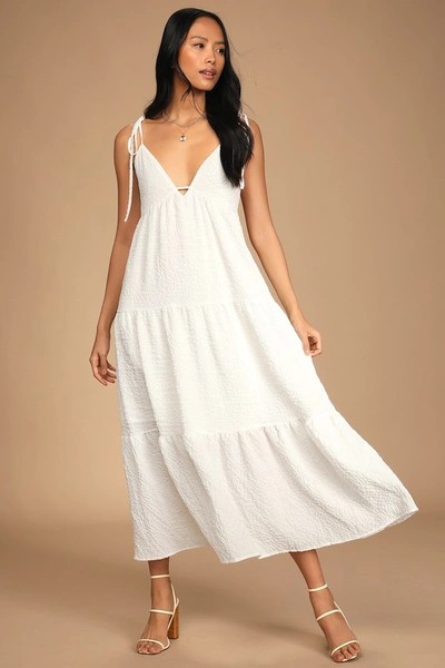 Lulus Let The Sun Beam White Tie-strap Tiered Midi Dress With Pockets