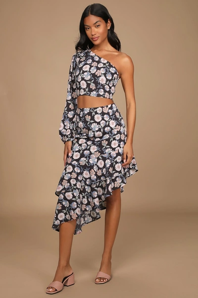 Lulus Boundless Beauty Black Floral Print Asymmetrical Midi Skirt