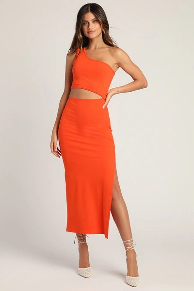 Lulus Spice Things Up Orange Ribbed One-shoulder Cutout Midi Dress