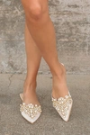 Lulus Flora Ivory Satin Pearl Embroidered Pointed-toe Flats In Ivory