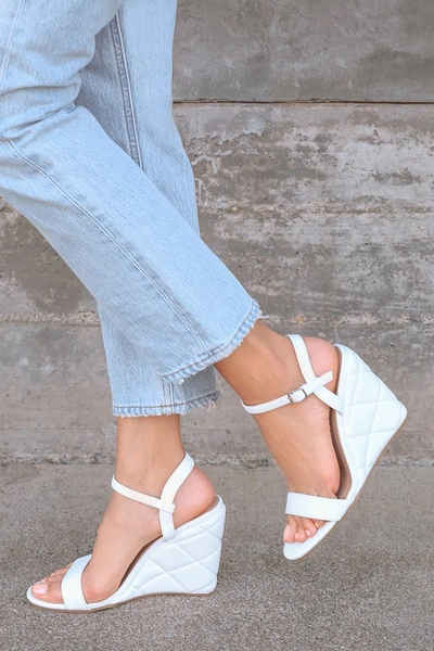Lulus Tamera White Quilted Ankle Strap Wedge Sandal Heels