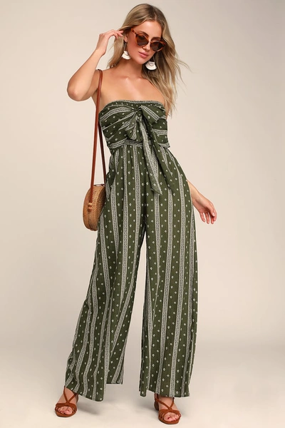 Lulus Raine Olive Green Print Strapless Jumpsuit
