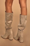 Lulus Katari Taupe Suede Pointed-toe Knee High High Heel Boots In Beige