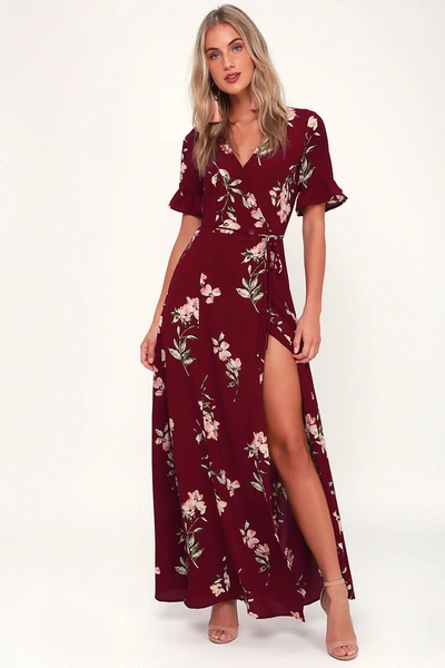 Lulus September Sunsets Burgundy Floral Print Wrap Maxi Dress