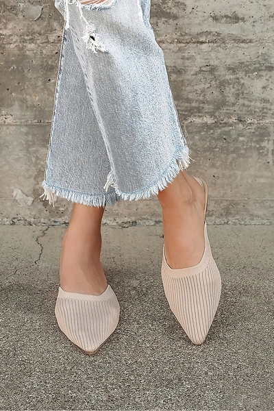 Lulus Jeaney Light Nude Ribbed Knit Pointed-toe Mule Slides In Beige