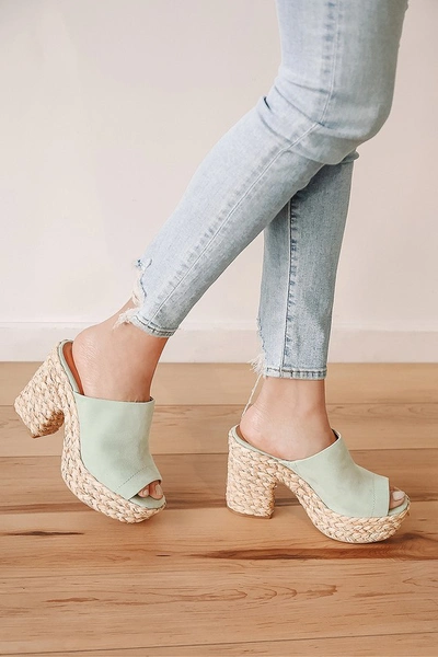 Lulus Ervyn Mint Green Suede Raffia Platform Slide Sandal Heels