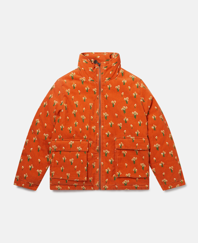 Stella Mccartney Floral Bunch Print Corduroy Puffer Jacket In Orange