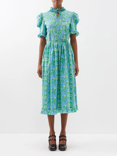 Horror Vacui Leandra Puff-sleeved Printed Cotton Dress In Blue Green