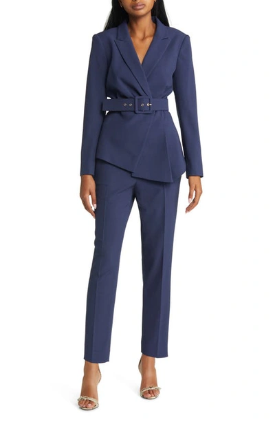 Tahari Asl Peak Lapel Belted Blazer & Trousers Set In Navy