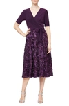 Alex Evenings Sequined Rosette Wrap Dress In Eggplant