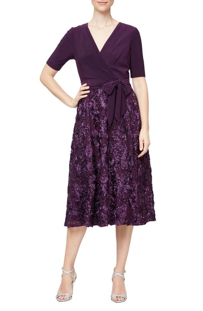 Alex Evenings Sequined Rosette Wrap Dress In Eggplant