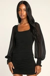 Lulus Perfect Sensation Black Mesh Ruched Puff Sleeve Bodycon Dress In Black