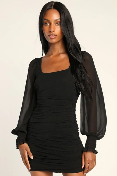 Lulus Perfect Sensation Black Mesh Ruched Puff Sleeve Bodycon Dress