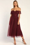 LULUS REGAL RADIANCE BURGUNDY TULLE BUSTIER MIDI DRESS