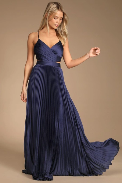 Lulus Got The Glam Navy Blue Pleated Cutout Maxi Dress