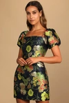 Lulus So Stunning Navy Blue Floral Jacquard Puff Sleeve Mini Dress In Navy Blue
