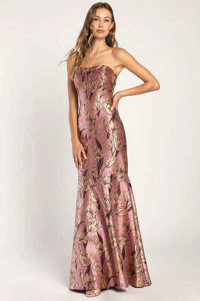 Lulus Gowning Around Mauve Floral Jacquard Strapless Maxi Dress