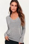 Lulus Basics Bevin Heather Grey Knit Long Sleeve V-neck Sweater Top In Heather Grey